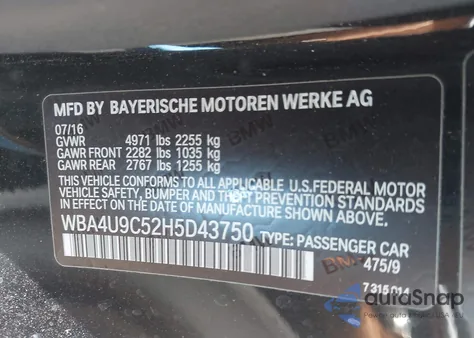 2017 BMW 430I xDrive from USA, damaged, VIN WBA4U9C52H5D43750
